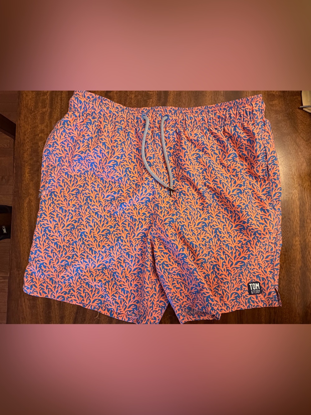 Tom & Teddy Orange and Blue Coral-Print Swim Trunks